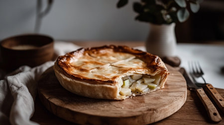 Rustic homemade pie with crispy crust and savory filling on wooden table.の素材