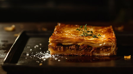 Rustic homemade pie with crispy crust and savory filling on wooden table.の素材