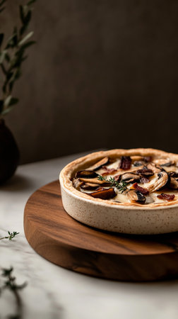 Rustic homemade mushroom, mycology, pie with crispy crust and savory filling on wooden table.の素材