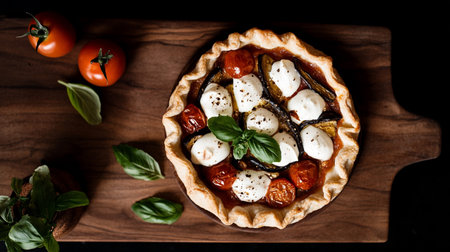 Rustic homemade mozzarella, tomato, pie with crispy crust and savory filling on wooden table.の素材