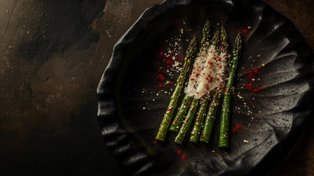 Grilled asparagus stalks glow golden with charred edges and smoky aroma.の素材