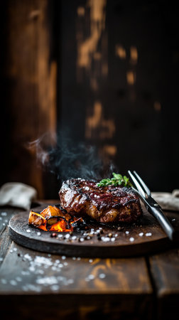 Seared beef steak grilled over open flame, smoke and sparks rising, a protein-packed main dish rich in nutrients and energy.の素材