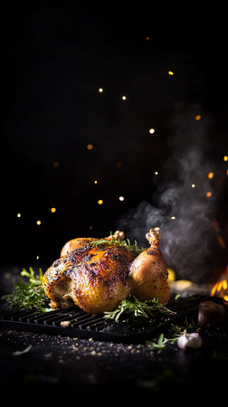 Grilled steak over open fire, smoke rising from the flames, perfectly seared and charred, a protein-rich main dish full of energy.の素材