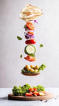 Crispy tortilla wraps and fresh vegetables hover with fresh vegetables, vibrant Latin American colors.の素材