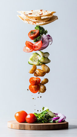 Crispy tortilla wraps and fresh vegetables hover with fresh vegetables, vibrant Latin American colors.の素材