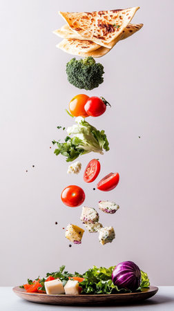 Crispy tortilla wraps and fresh vegetables hover with fresh vegetables, vibrant Latin American colors.の素材