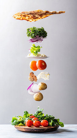 Crispy tortilla wraps and fresh vegetables hover with fresh vegetables, vibrant Latin American colors.の素材