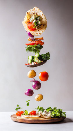 Crispy tortilla wraps and fresh vegetables hover with fresh vegetables, vibrant Latin American colors.の素材