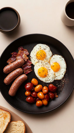 Smoked bratwurst sausage, and fried eggs on plate, hearty international breakfast dish.の素材
