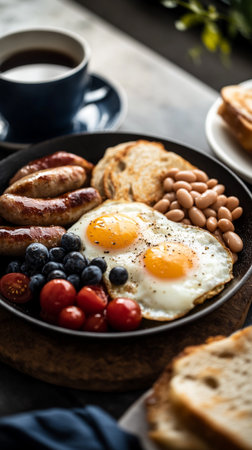 Smoked bratwurst sausage, and fried eggs on plate, hearty international breakfast dish.の素材