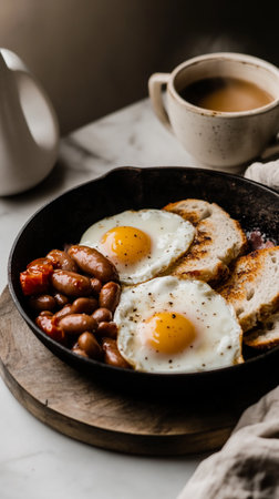 Smoked bratwurst sausage, and fried eggs on plate, hearty international breakfast dish.の素材