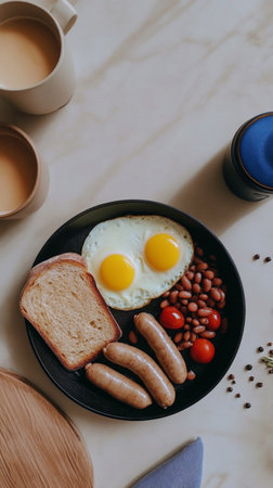 Smoked bratwurst sausage, and fried eggs on plate, hearty international breakfast dish.の素材