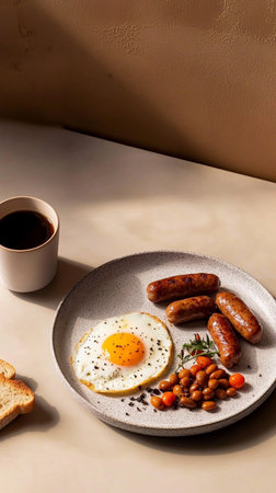 Smoked bratwurst sausage, and fried eggs on plate, hearty international breakfast dish.の素材