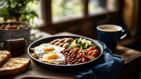 Smoked bratwurst sausage, and fried eggs on plate, hearty international breakfast dish.の素材