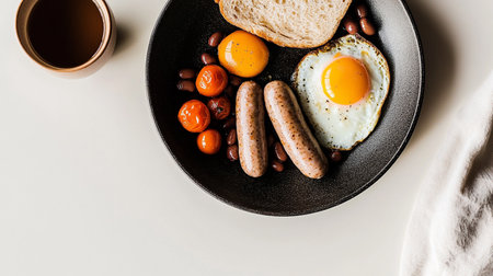 Smoked bratwurst sausage, and fried eggs on plate, hearty international breakfast dish.の素材