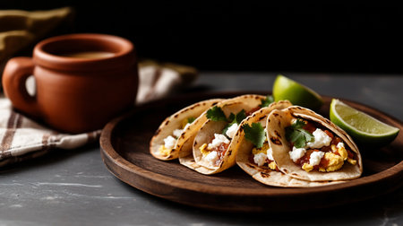 Crispy tortilla wrap on plate, baked thin and ready for breakfast or brunch.の素材