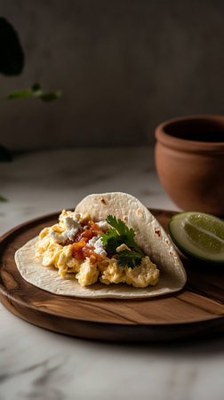 Crispy tortilla wrap on plate, baked thin and ready for breakfast or brunch.の素材