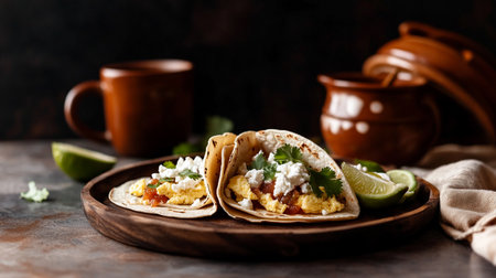 Crispy tortilla wrap on plate, baked thin and ready for breakfast or brunch.の素材