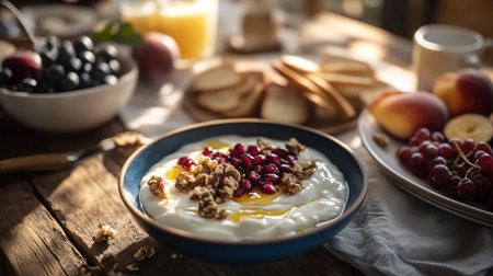 Almonds, walnuts, and cashews sprinkled over cereal flakes on plate for breakfast.の素材