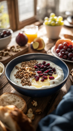 Almonds, walnuts, and cashews sprinkled over cereal flakes on plate for breakfast.の素材