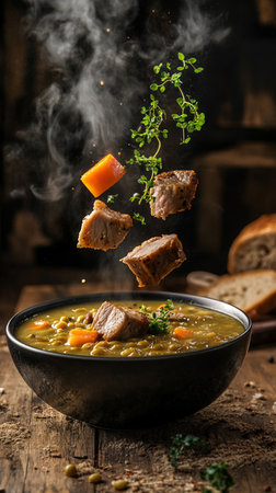 Hearty stew with fresh veggies and tender beef, steaming in rustic bowl.の素材