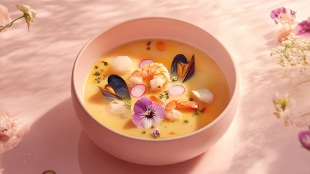 Creamy pink seafood soup served hot in bowl, rich and flavorful.の素材