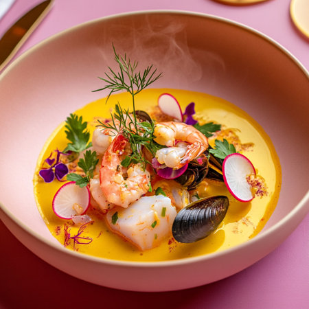 Creamy pink seafood soup served hot in bowl, rich and flavorful.の素材