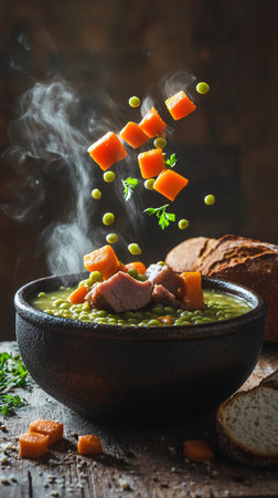 Hearty stew with fresh veggies and tender beef, steaming in rustic bowl.の素材