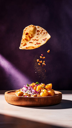 Crispy tortilla wrap hovers above plate, freshly baked and ready to eat.の素材