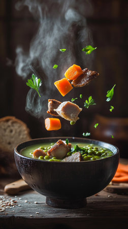 Hearty stew with fresh veggies and tender beef, steaming in rustic bowl.の素材