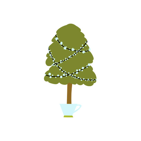 Hand-drawn sustainable Christmas tree with eco-friendly gifts, warm mugs, and seasonal decorations.のイラスト素材