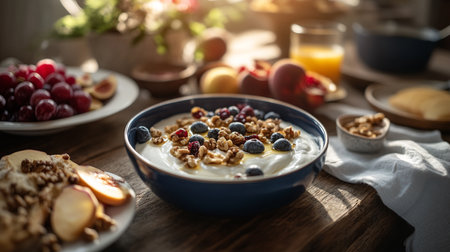 Almonds, walnuts, and cashews sprinkled over cereal flakes on plate for breakfast.の素材