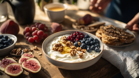 Almonds, walnuts, and cashews sprinkled over cereal flakes on plate for breakfast.の素材