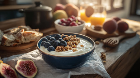 Almonds, walnuts, and cashews sprinkled over cereal flakes on plate for breakfast.の素材