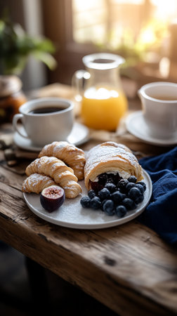 Herbal and black tea or coffee served with flaky croissant on plate, relaxing morning meal.の素材