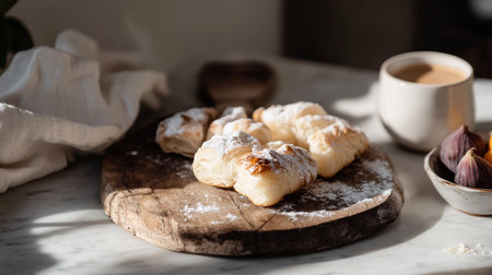 Herbal and black tea or coffee served with flaky croissant on plate, relaxing morning meal.の素材