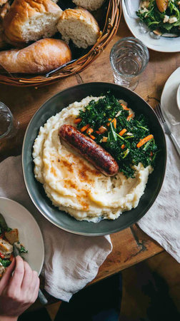 Traditional breakfast photo with roasted potato and grilled sausage, showing authentic international culinary diversity.の素材