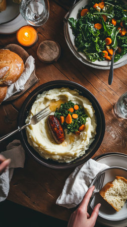 Traditional breakfast photo with roasted potato and grilled sausage, showing authentic international culinary diversity.の素材