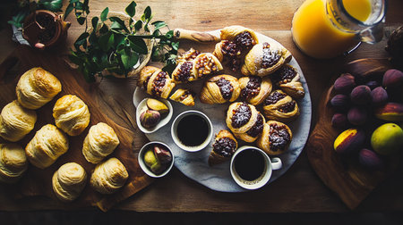 Fresh bakery assortment with croissants, jam, and coffee. Rustic breakfast table in cozy morning light.の素材