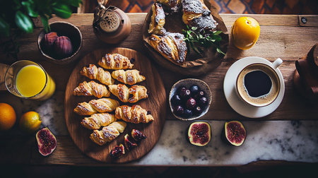 Fresh bakery assortment with croissants, jam, and coffee. Rustic breakfast table in cozy morning light.の素材