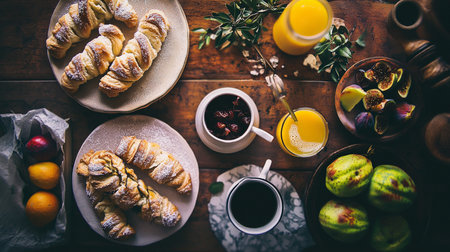 Fresh bakery assortment with croissants, jam, and coffee. Rustic breakfast table in cozy morning light.の素材