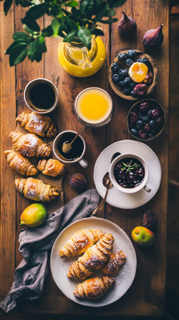 Fresh bakery assortment with croissants, jam, and coffee. Rustic breakfast table in cozy morning light.の素材