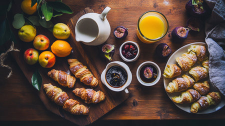 Fresh bakery assortment with croissants, jam, and coffee. Rustic breakfast table in cozy morning light.の素材
