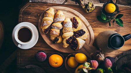 Fresh bakery assortment with croissants, jam, and coffee. Rustic breakfast table in cozy morning light.の素材
