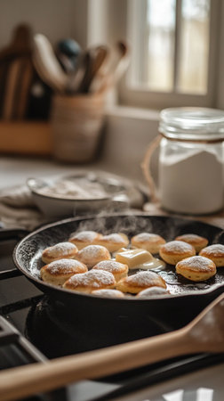 Fluffy pancakes, syrniki with maple syrup and fruit garnish. Homemade pastry breakfast in warm rustic setting.の素材