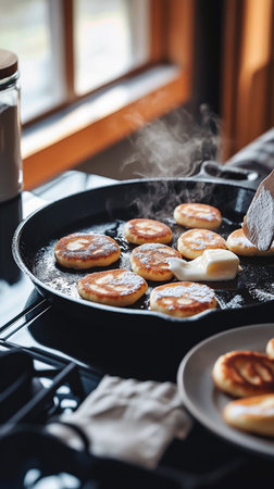 Fluffy pancakes, syrniki with maple syrup and fruit garnish. Homemade pastry breakfast in warm rustic setting.の素材