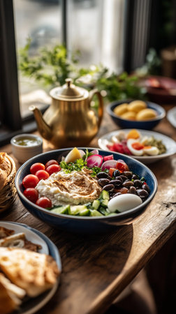 Traditional Turkish breakfast on a wooden table in the cafe. Selective focus.の素材