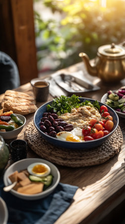 Traditional Turkish breakfast with eggs, vegetables and meat on a wooden tableの素材