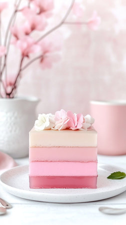 Gentle and muted pink color palette featuring a festive sponge cake with icing, symbolizing spring renewal and joyful tradition.の素材