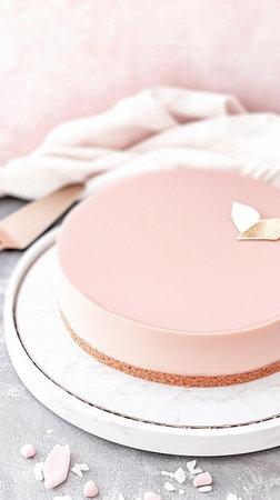 Gentle and muted pink color palette featuring a festive sponge cake with icing, symbolizing spring renewal and joyful tradition.の素材